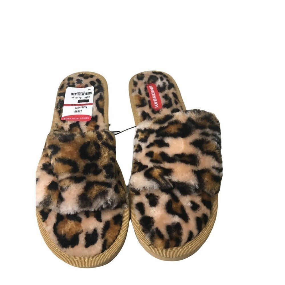 Nordstrom Unionbay Leopard Fuzzy Slides Tan Black Brown 7 New